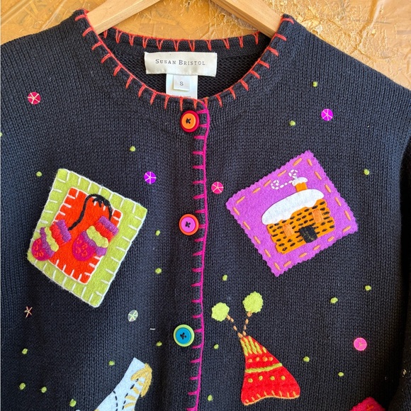 Susan Bristol Vintage Embroidered Ice Skating Themed Cardigan Size Small - Picture 3 of 5